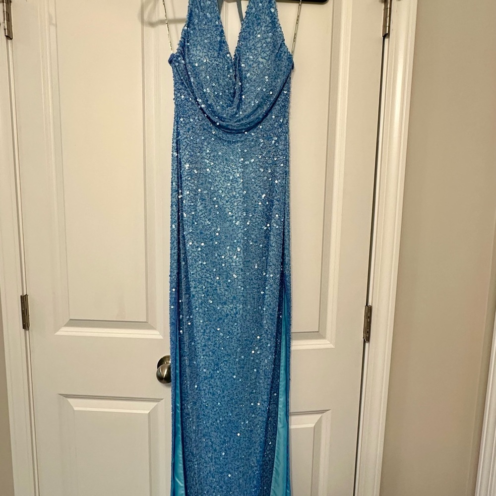 Sequin Cowl-Neck Light Blue Evening Gown